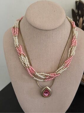 Vintage Pink Faux Pearl Multi-Strand Pink Teardrop Pendant Necklace